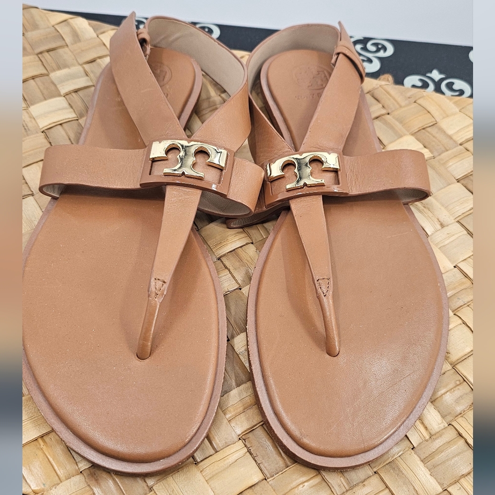 Tory Burch Tan Leather Gigi T-Strap Sandals with Gold Logo
